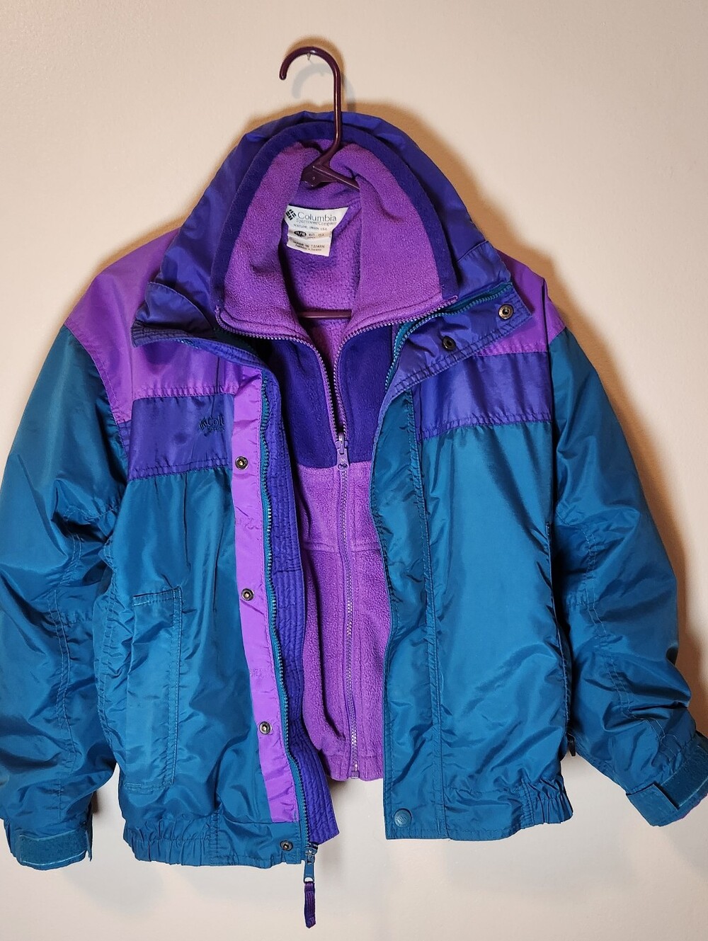 Columbia Kids Waterproof Purple Jacket with Contrasting Blue Hood